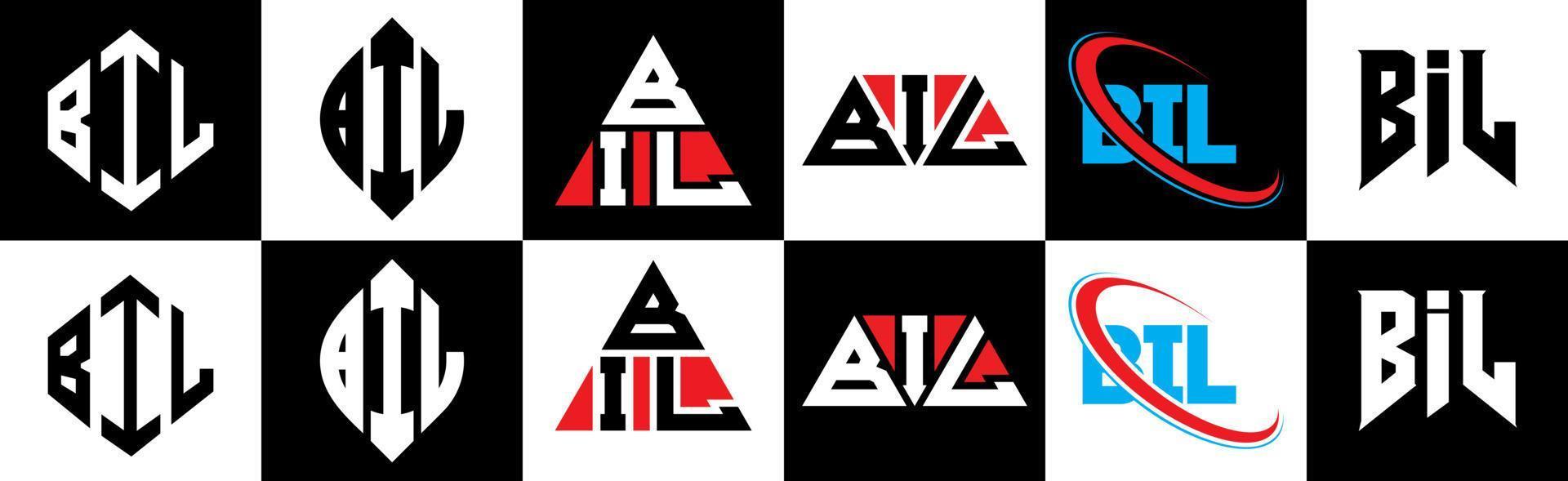 diseño de logotipo de letra bil en seis estilos. bil polígono, círculo, triángulo, hexágono, estilo plano y simple con logotipo de letra de variación de color blanco y negro en una mesa de trabajo. logotipo minimalista y clásico de bil vector