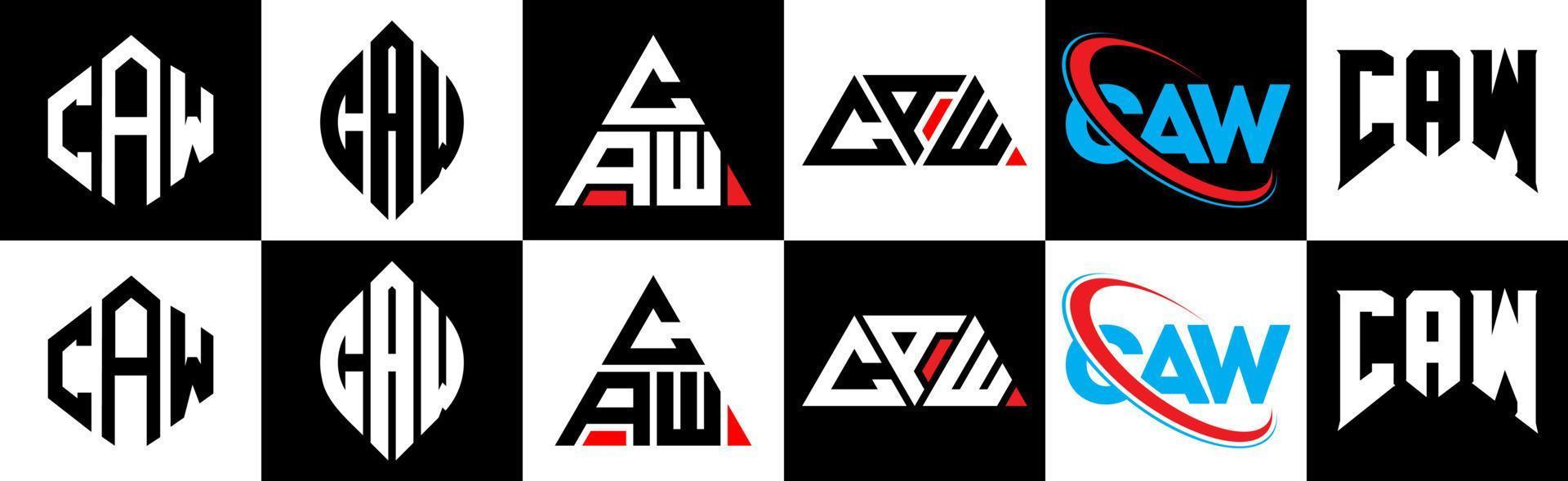 CAW letter logo design in six style. CAW polygon, circle, triangle, hexagon, flat and simple style with black and white color variation letter logo set in one artboard. CAW minimalist and classic logo vector