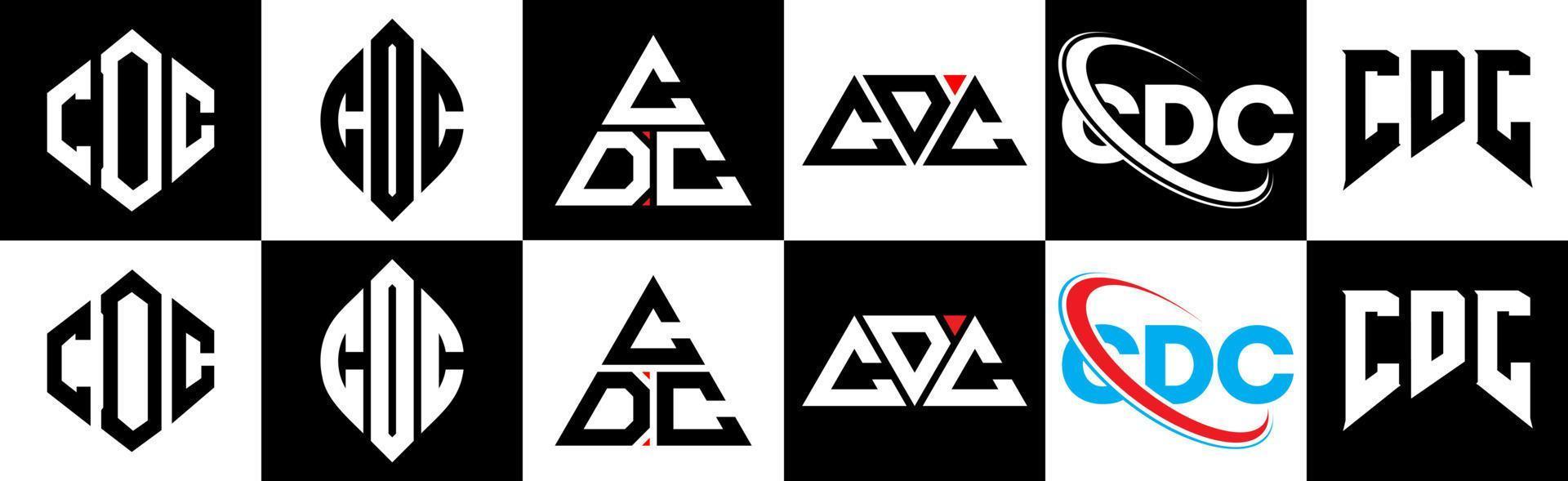 diseño de logotipo de letra cdc en seis estilos. polígono cdc, círculo, triángulo, hexágono, estilo plano y simple con logotipo de letra de variación de color blanco y negro en una mesa de trabajo. logotipo minimalista y clásico de cdc vector