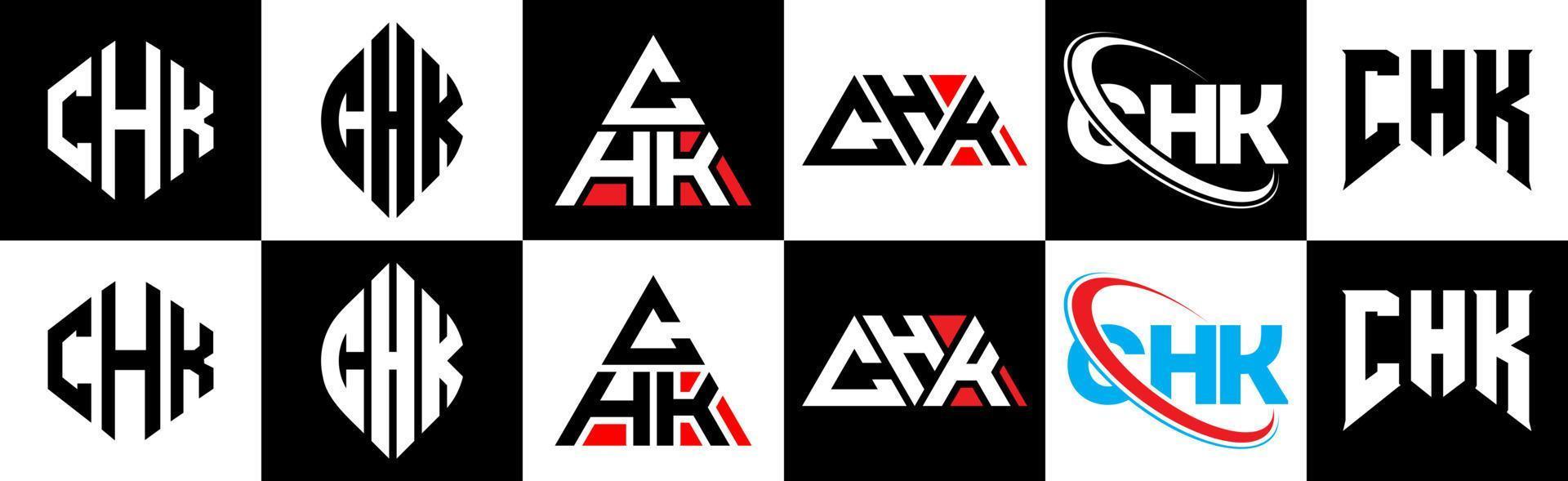 CHK letter logo design in six style. CHK polygon, circle, triangle, hexagon, flat and simple style with black and white color variation letter logo set in one artboard. CHK minimalist and classic logo vector