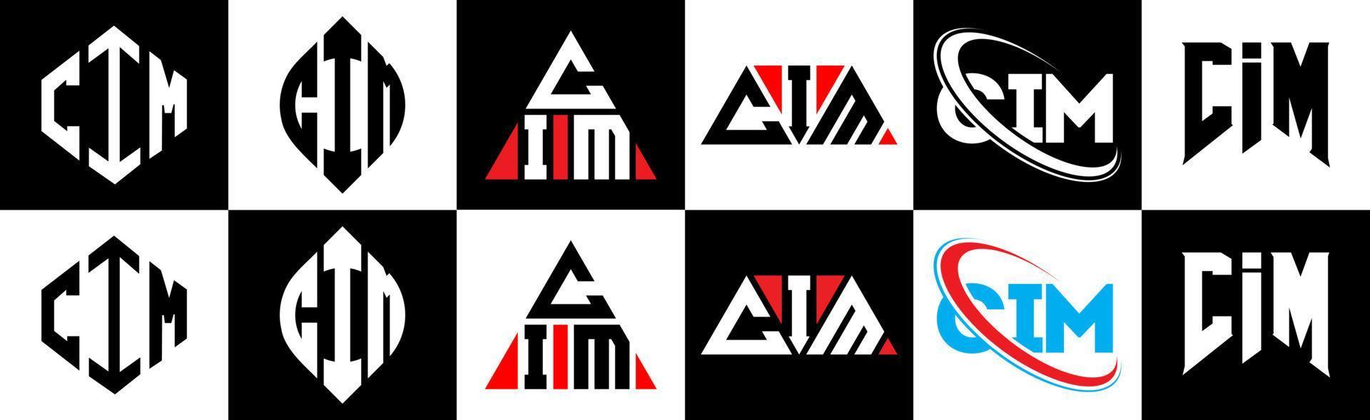 diseño de logotipo de letra cim en seis estilos. polígono cim, círculo, triángulo, hexágono, estilo plano y simple con logotipo de letra de variación de color blanco y negro en una mesa de trabajo. logotipo minimalista y clásico de cim vector