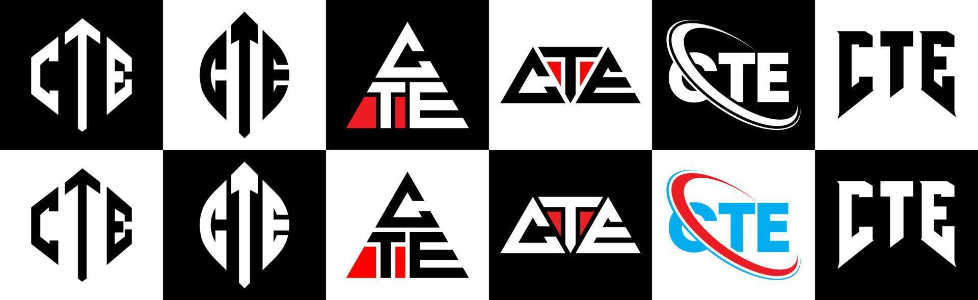 diseño de logotipo de letra cte en seis estilos. cte polígono, círculo, triángulo, hexágono, estilo plano y simple con logotipo de letra de variación de color blanco y negro en una mesa de trabajo. logotipo minimalista y clásico de cte vector