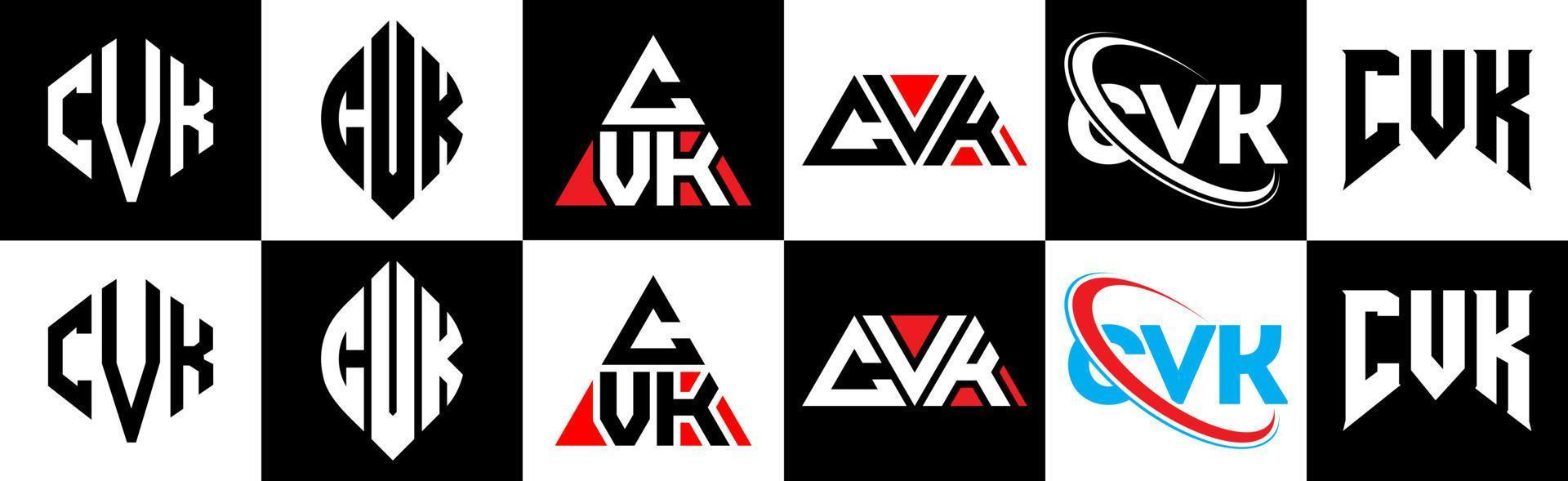 diseño de logotipo de letra cvk en seis estilos. cvk polígono, círculo, triángulo, hexágono, estilo plano y simple con logotipo de letra de variación de color blanco y negro en una mesa de trabajo. logotipo cvk minimalista y clásico vector