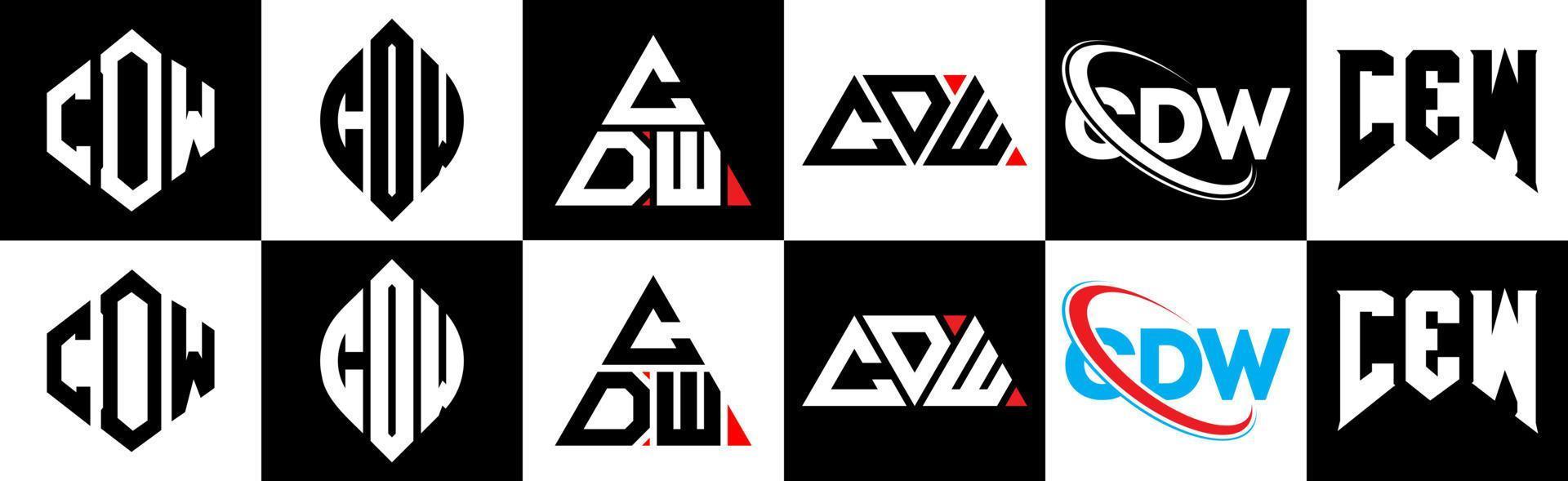 diseño de logotipo de letra cdw en seis estilos. cdw polígono, círculo, triángulo, hexágono, estilo plano y simple con logotipo de letra de variación de color blanco y negro en una mesa de trabajo. logotipo minimalista y clásico de cdw vector