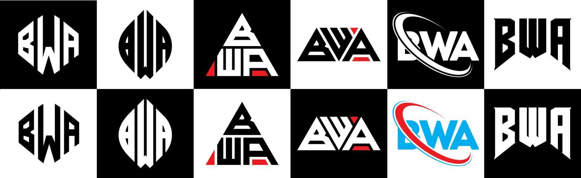 BWA letter logo design in six style. BWA polygon, circle, triangle, hexagon, flat and simple style with black and white color variation letter logo set in one artboard. BWA minimalist and classic logo vector