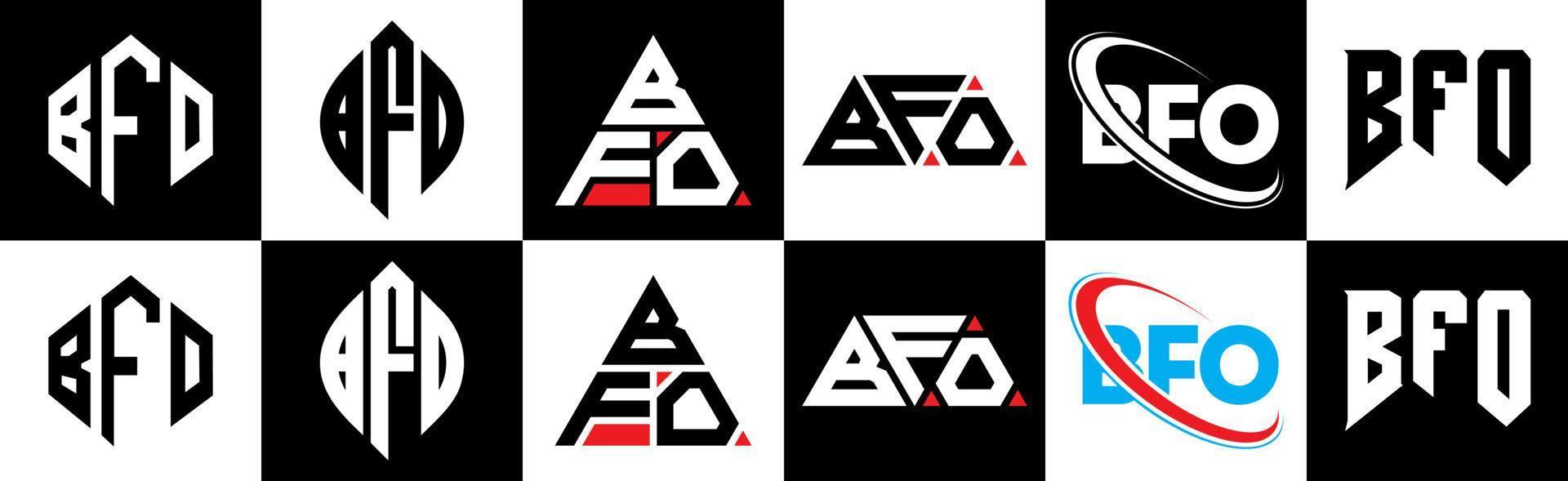 BFO letter logo design in six style. BFO polygon, circle, triangle, hexagon, flat and simple style with black and white color variation letter logo set in one artboard. BFO minimalist and classic logo vector