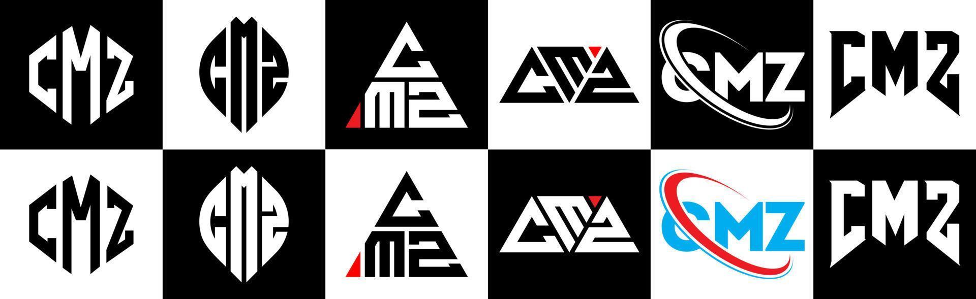 CMZ letter logo design in six style. CMZ polygon, circle, triangle, hexagon, flat and simple style with black and white color variation letter logo set in one artboard. CMZ minimalist and classic logo vector