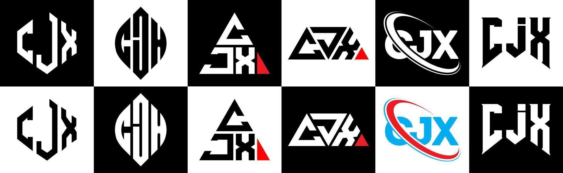 Diseño de logotipo de letra cjx en seis estilos. cjx polígono, círculo, triángulo, hexágono, estilo plano y simple con logotipo de letra de variación de color blanco y negro en una mesa de trabajo. cjx logotipo minimalista y clásico vector