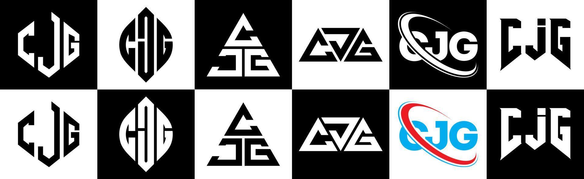 CJG letter logo design in six style. CJG polygon, circle, triangle, hexagon, flat and simple style with black and white color variation letter logo set in one artboard. CJG minimalist and classic logo vector
