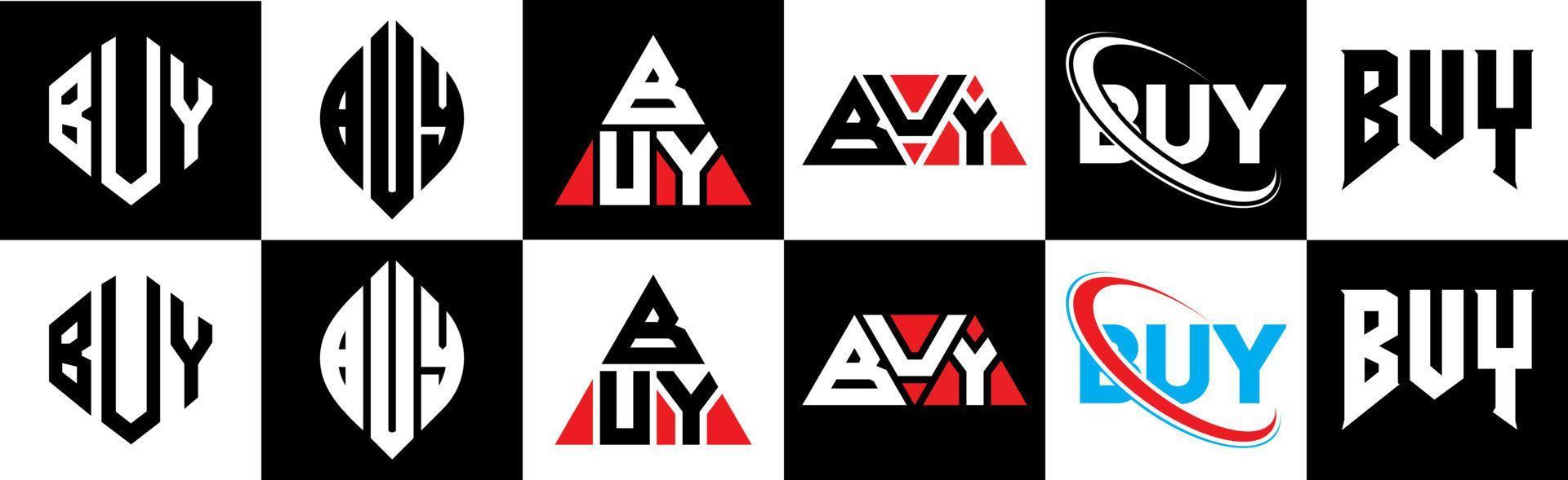 BUY letter logo design in six style. BUY polygon, circle, triangle, hexagon, flat and simple style with black and white color variation letter logo set in one artboard. BUY minimalist and classic logo vector
