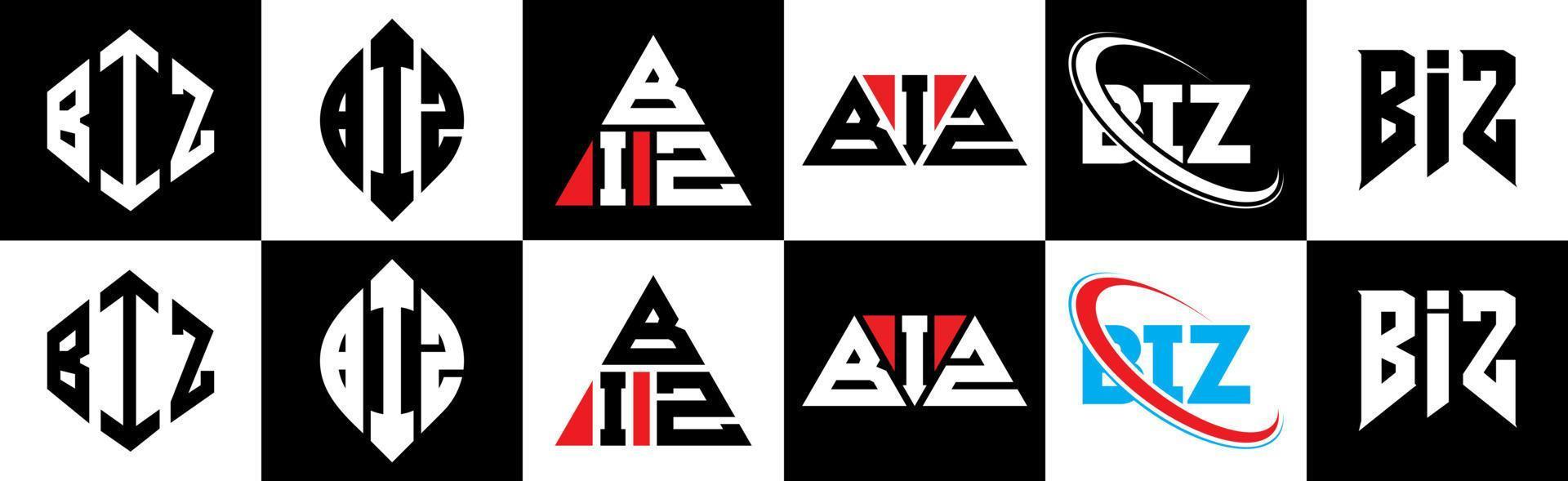 BIZ letter logo design in six style. BIZ polygon, circle, triangle, hexagon, flat and simple style with black and white color variation letter logo set in one artboard. BIZ minimalist and classic logo vector