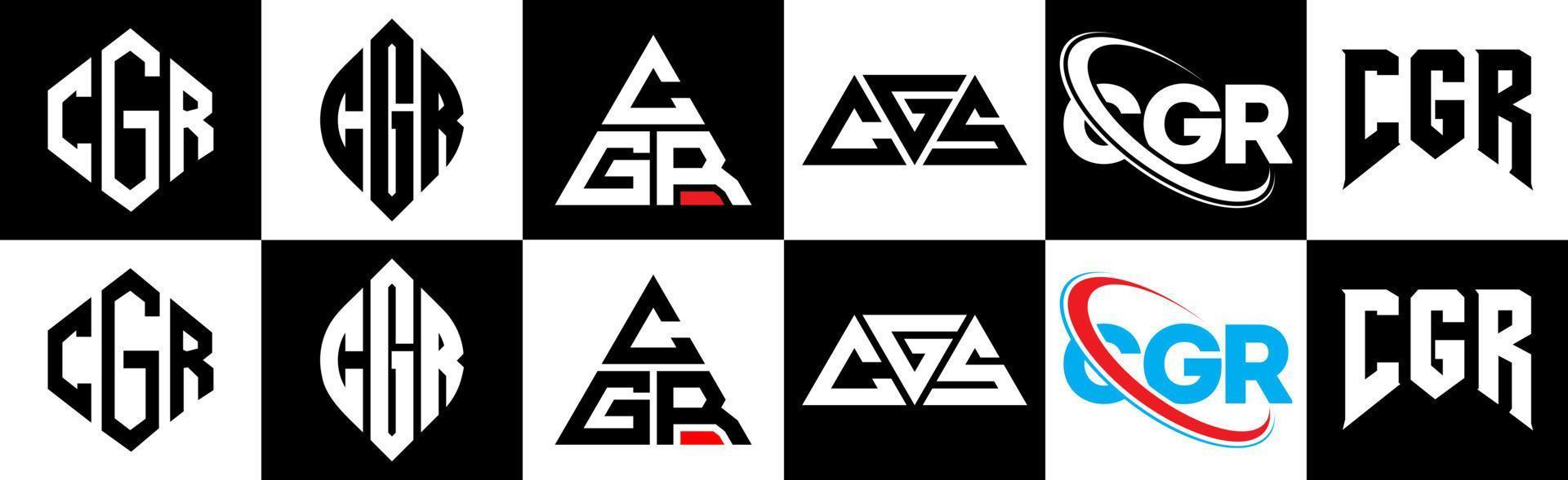 diseño de logotipo de letra cgr en seis estilos. cgr polígono, círculo, triángulo, hexágono, estilo plano y simple con logotipo de letra de variación de color blanco y negro en una mesa de trabajo. cgr logotipo minimalista y clásico vector