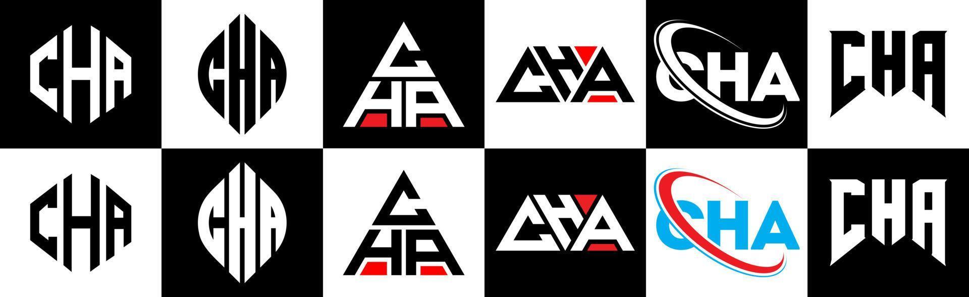 CHA letter logo design in six style. CHA polygon, circle, triangle, hexagon, flat and simple style with black and white color variation letter logo set in one artboard. CHA minimalist and classic logo vector