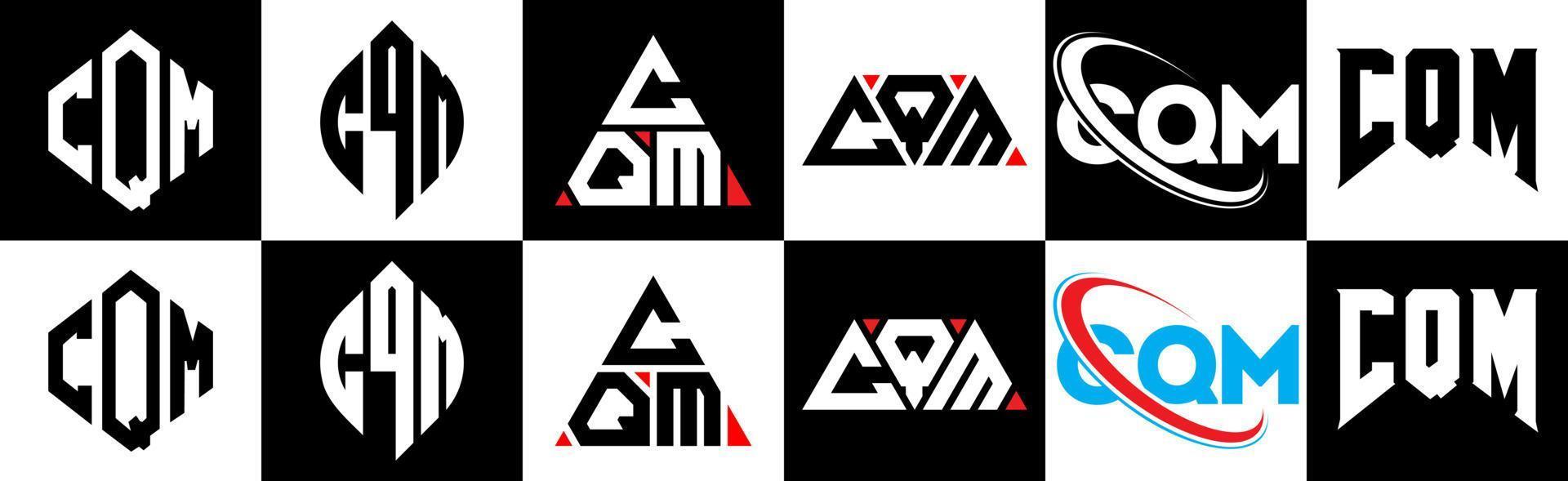 diseño de logotipo de letra cqm en seis estilos. polígono cqm, círculo, triángulo, hexágono, estilo plano y simple con logotipo de letra de variación de color blanco y negro en una mesa de trabajo. logotipo minimalista y clásico de cqm vector