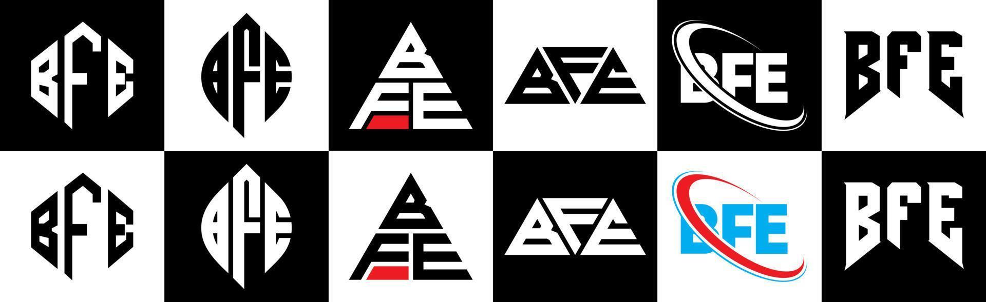 BFE letter logo design in six style. BFE polygon, circle, triangle, hexagon, flat and simple style with black and white color variation letter logo set in one artboard. BFE minimalist and classic logo vector