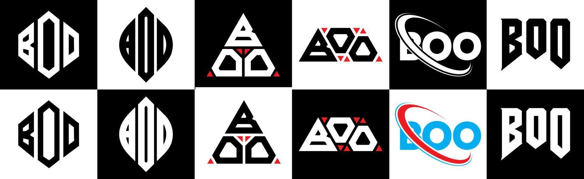 diseño de logotipo de letra boo en seis estilos. boo polígono, círculo, triángulo, hexágono, estilo plano y simple con logotipo de letra de variación de color blanco y negro en una mesa de trabajo. abucheo logotipo minimalista y clásico vector