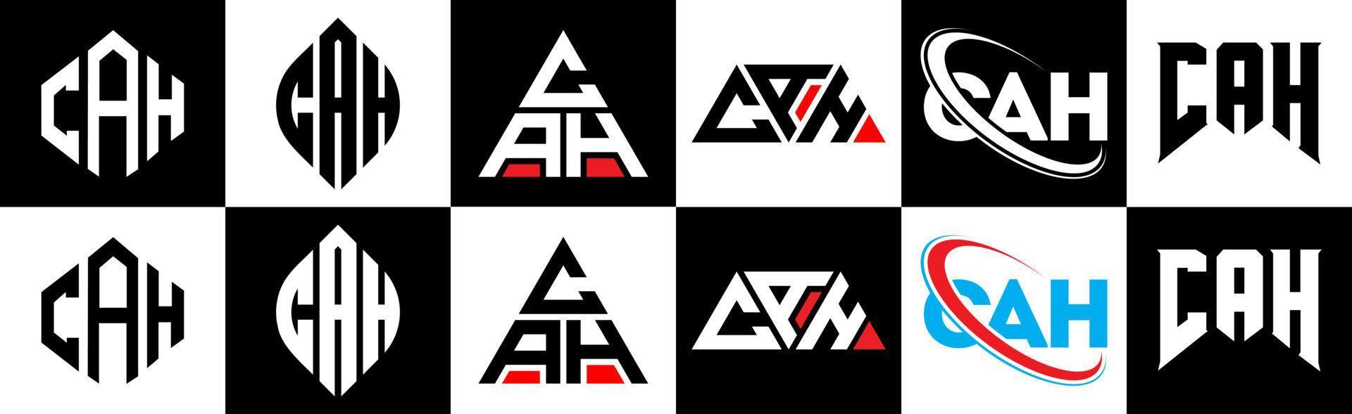 diseño del logotipo de la letra cah en seis estilos. cah polígono, círculo, triángulo, hexágono, estilo plano y simple con logotipo de letra de variación de color blanco y negro en una mesa de trabajo. cah logotipo minimalista y clásico vector