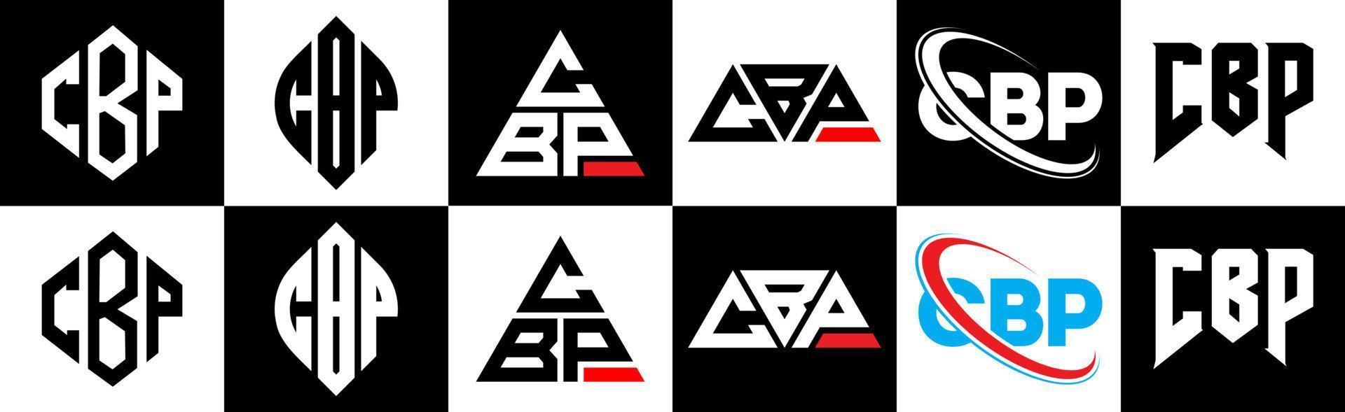 diseño de logotipo de letra cbp en seis estilos. polígono cbp, círculo, triángulo, hexágono, estilo plano y simple con logotipo de letra de variación de color blanco y negro en una mesa de trabajo. logotipo minimalista y clásico de cbp vector