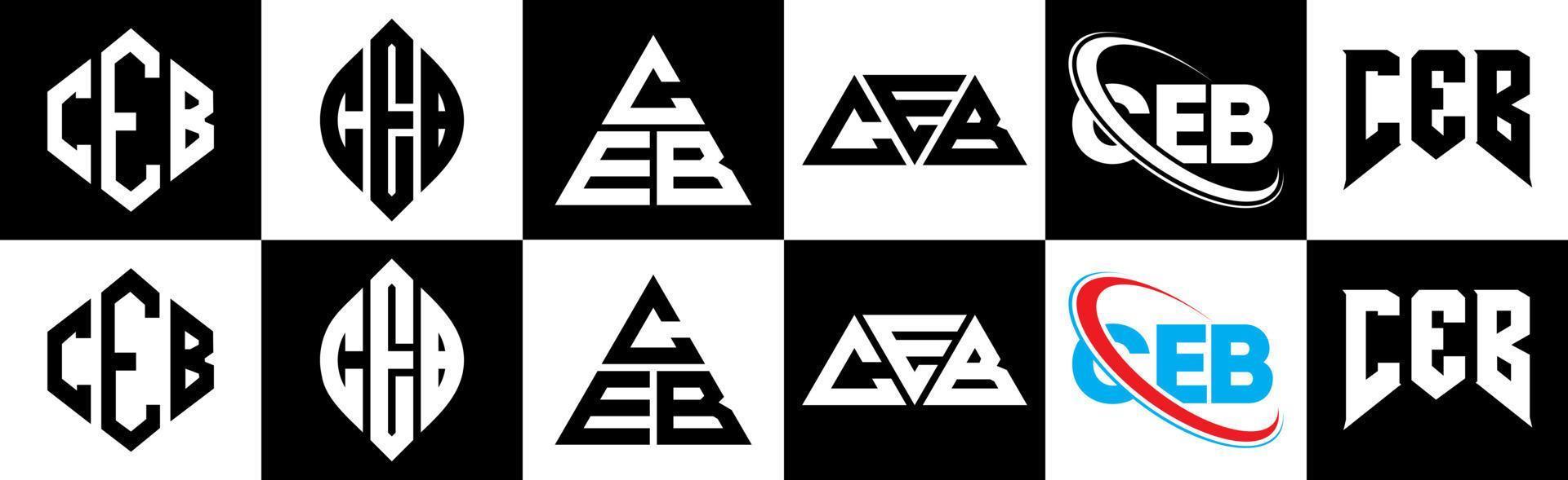 diseño de logotipo de letra ceb en seis estilos. ceb polígono, círculo, triángulo, hexágono, estilo plano y simple con logotipo de letra de variación de color blanco y negro en una mesa de trabajo. ceb logotipo minimalista y clásico vector