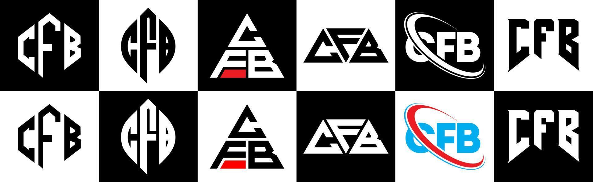 CFB letter logo design in six style. CFB polygon, circle, triangle, hexagon, flat and simple style with black and white color variation letter logo set in one artboard. CFB minimalist and classic logo vector
