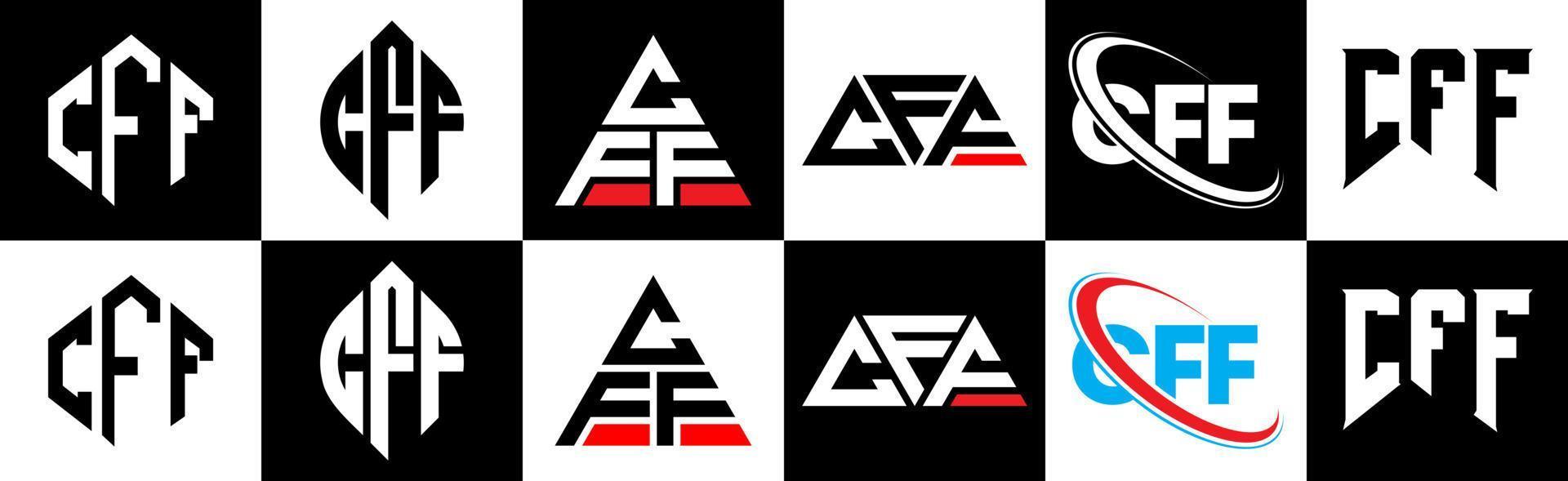 CFF letter logo design in six style. CFF polygon, circle, triangle, hexagon, flat and simple style with black and white color variation letter logo set in one artboard. CFF minimalist and classic logo vector