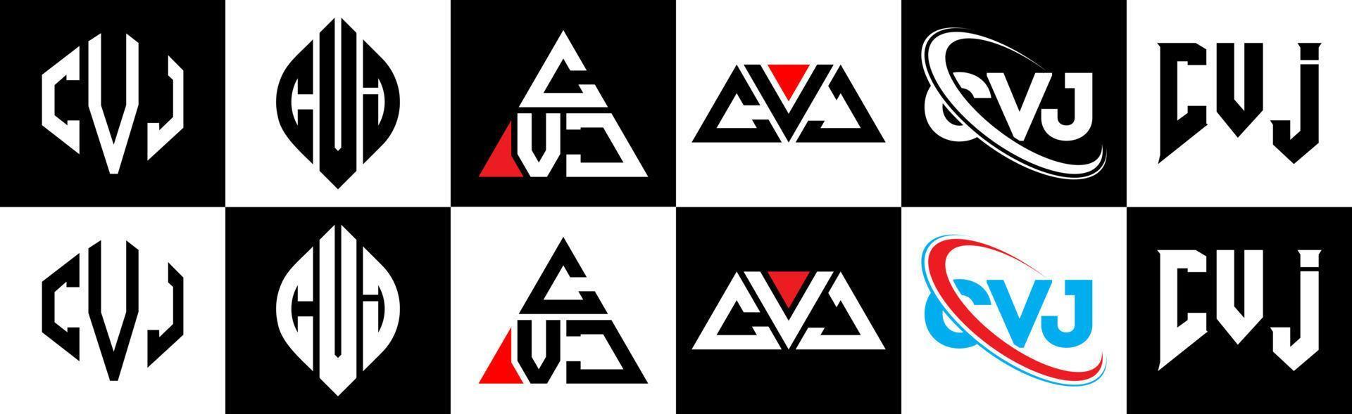 diseño de logotipo de letra cvj en seis estilos. polígono cvj, círculo, triángulo, hexágono, estilo plano y simple con logotipo de letra de variación de color blanco y negro en una mesa de trabajo. logotipo minimalista y clásico de cvj vector