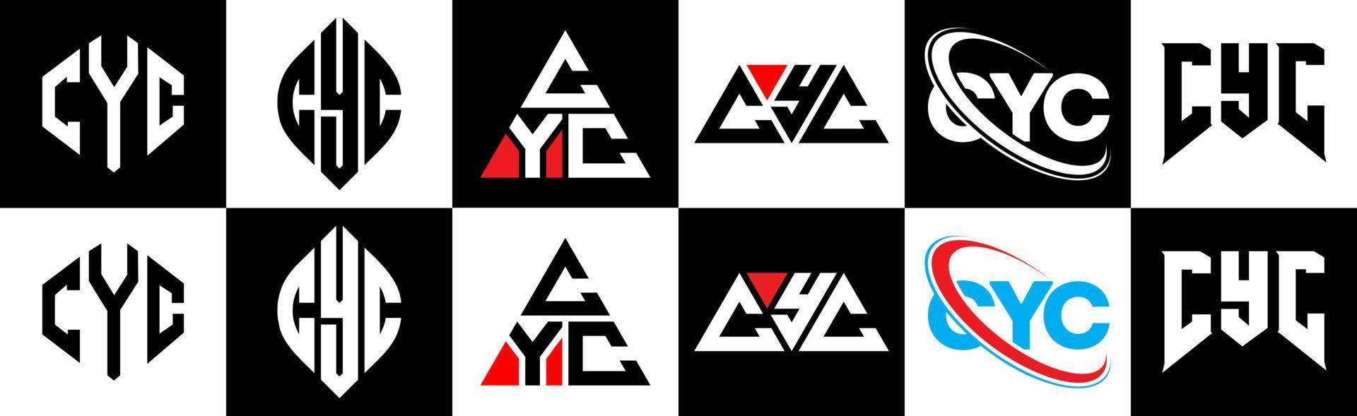CYC letter logo design in six style. CYC polygon, circle, triangle, hexagon, flat and simple style with black and white color variation letter logo set in one artboard. CYC minimalist and classic logo vector