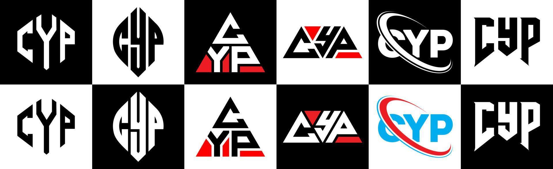 CYP letter logo design in six style. CYP polygon, circle, triangle, hexagon, flat and simple style with black and white color variation letter logo set in one artboard. CYP minimalist and classic logo vector