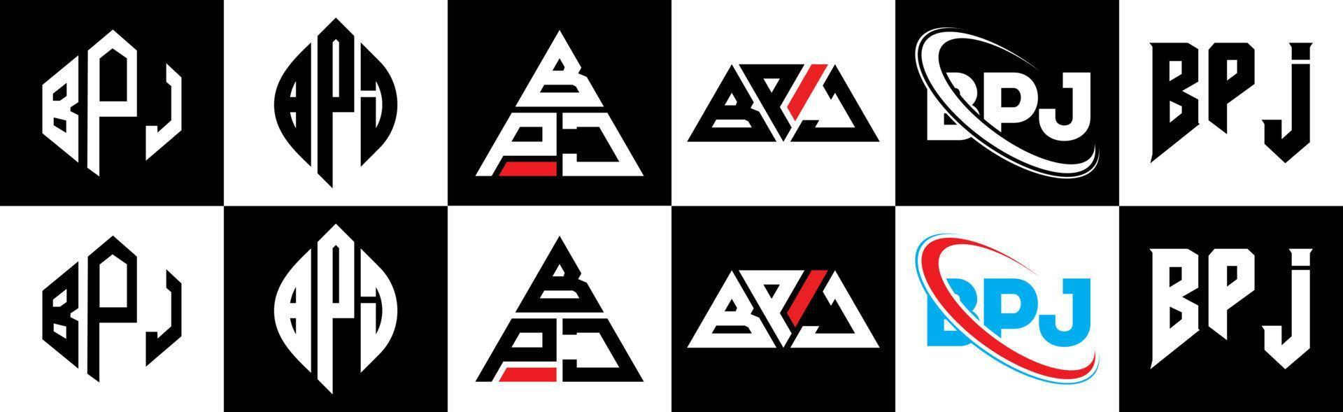 BPJ letter logo design in six style. BPJ polygon, circle, triangle, hexagon, flat and simple style with black and white color variation letter logo set in one artboard. BPJ minimalist and classic logo vector