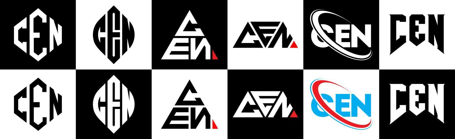 CEN letter logo design in six style. CEN polygon, circle, triangle, hexagon, flat and simple style with black and white color variation letter logo set in one artboard. CEN minimalist and classic logo vector