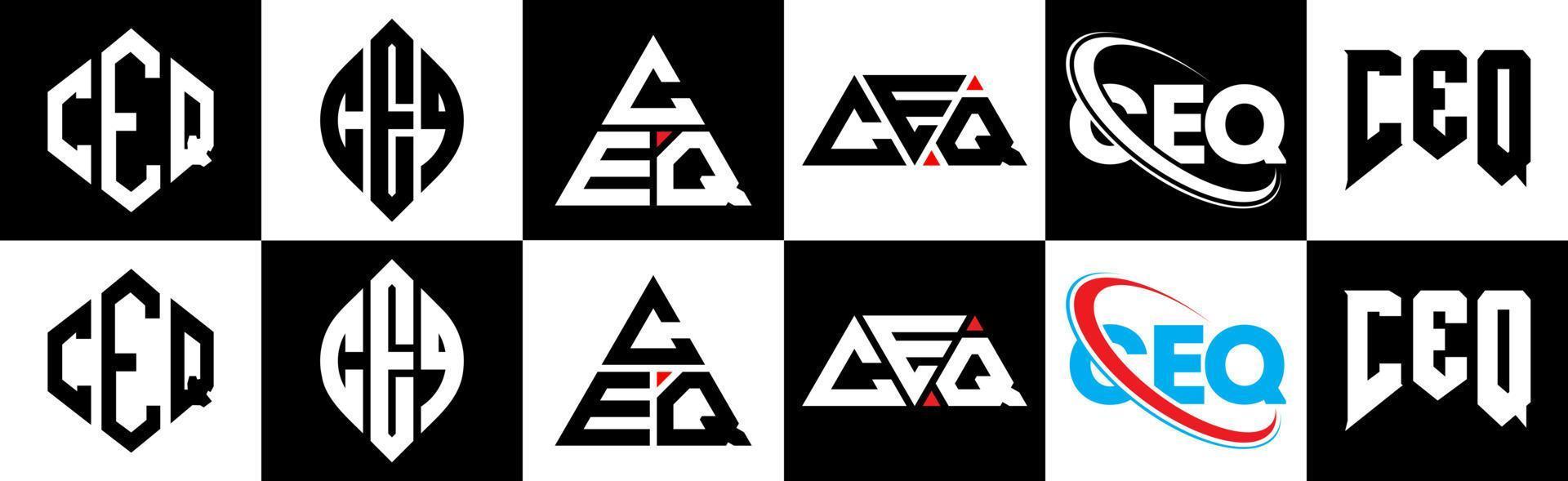 diseño de logotipo de letra ceq en seis estilos. ceq polígono, círculo, triángulo, hexágono, estilo plano y simple con logotipo de letra de variación de color blanco y negro en una mesa de trabajo. ceq logotipo minimalista y clásico vector