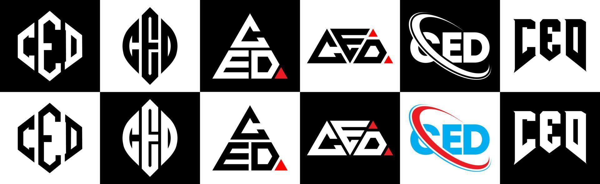 diseño de logotipo de letra ced en seis estilos. polígono cedido, círculo, triángulo, hexágono, estilo plano y simple con logotipo de letra de variación de color blanco y negro en una mesa de trabajo. logotipo minimalista y clásico de ced vector