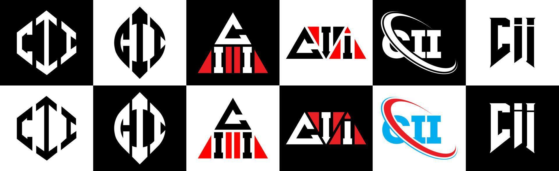 CII letter logo design in six style. CII polygon, circle, triangle, hexagon, flat and simple style with black and white color variation letter logo set in one artboard. CII minimalist and classic logo vector