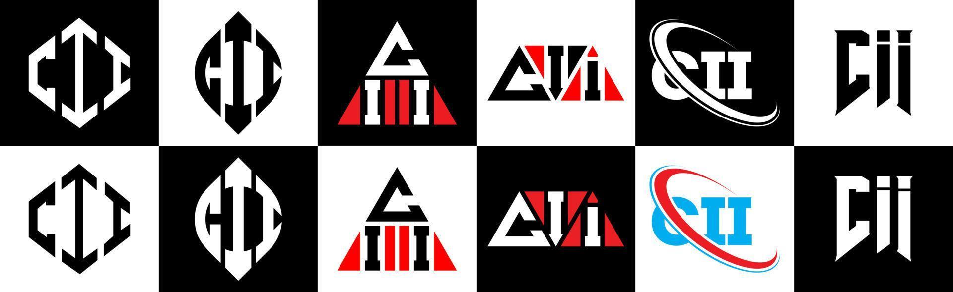 diseño de logotipo de letra cii en seis estilos. polígono cii, círculo, triángulo, hexágono, estilo plano y simple con logotipo de letra de variación de color blanco y negro en una mesa de trabajo. logotipo minimalista y clásico de cii vector