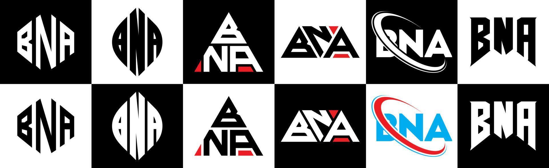 BNA letter logo design in six style. BNA polygon, circle, triangle, hexagon, flat and simple style with black and white color variation letter logo set in one artboard. BNA minimalist and classic logo vector
