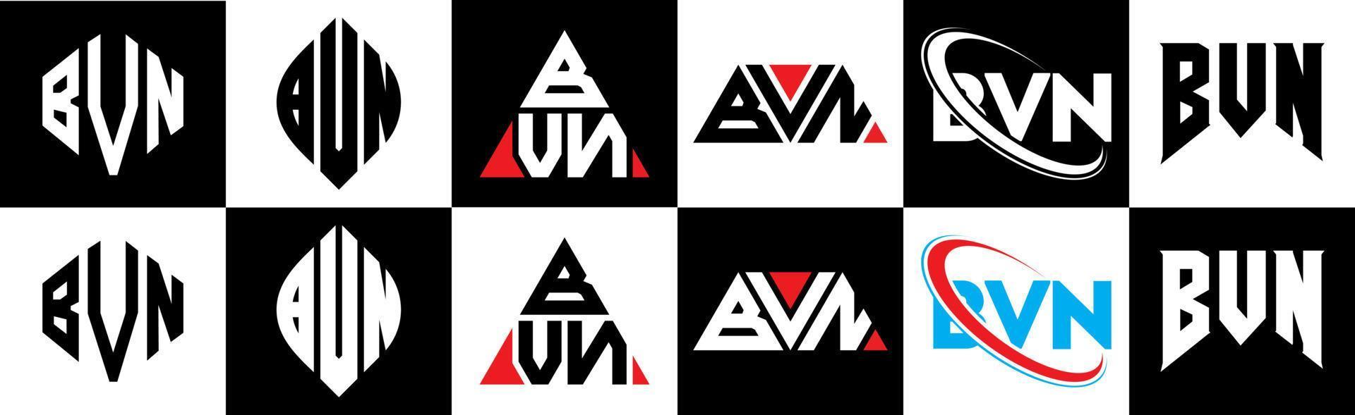 diseño de logotipo de letra bvn en seis estilos. bvn polígono, círculo, triángulo, hexágono, estilo plano y simple con logotipo de letra de variación de color blanco y negro en una mesa de trabajo. logotipo bvn minimalista y clásico vector