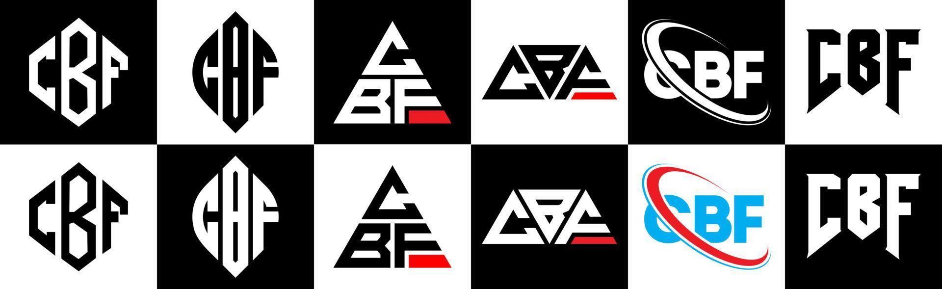 CBF letter logo design in six style. CBF polygon, circle, triangle, hexagon, flat and simple style with black and white color variation letter logo set in one artboard. CBF minimalist and classic logo vector