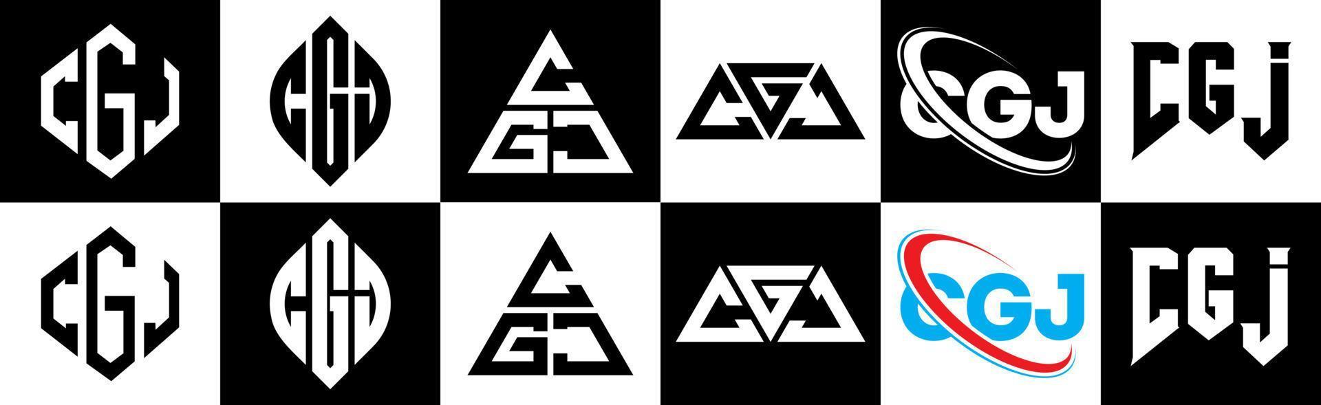 CGJ letter logo design in six style. CGJ polygon, circle, triangle, hexagon, flat and simple style with black and white color variation letter logo set in one artboard. CGJ minimalist and classic logo vector