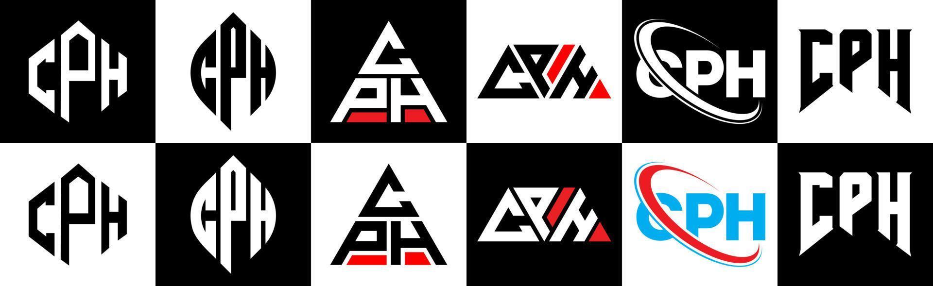 CPH letter logo design in six style. CPH polygon, circle, triangle, hexagon, flat and simple style with black and white color variation letter logo set in one artboard. CPH minimalist and classic logo vector