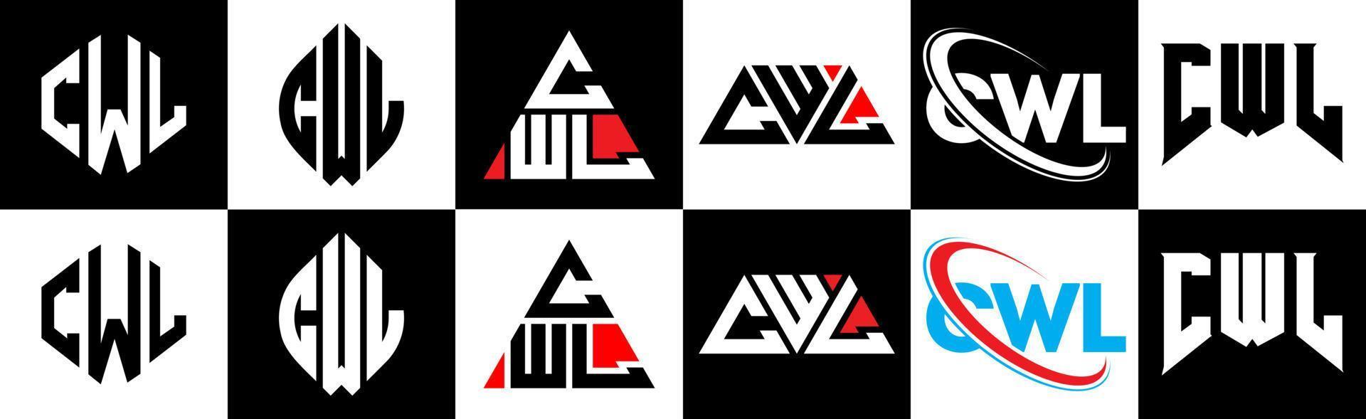 diseño de logotipo de letra cwl en seis estilos. cwl polígono, círculo, triángulo, hexágono, estilo plano y simple con logotipo de letra de variación de color blanco y negro en una mesa de trabajo. cwl logotipo minimalista y clásico vector