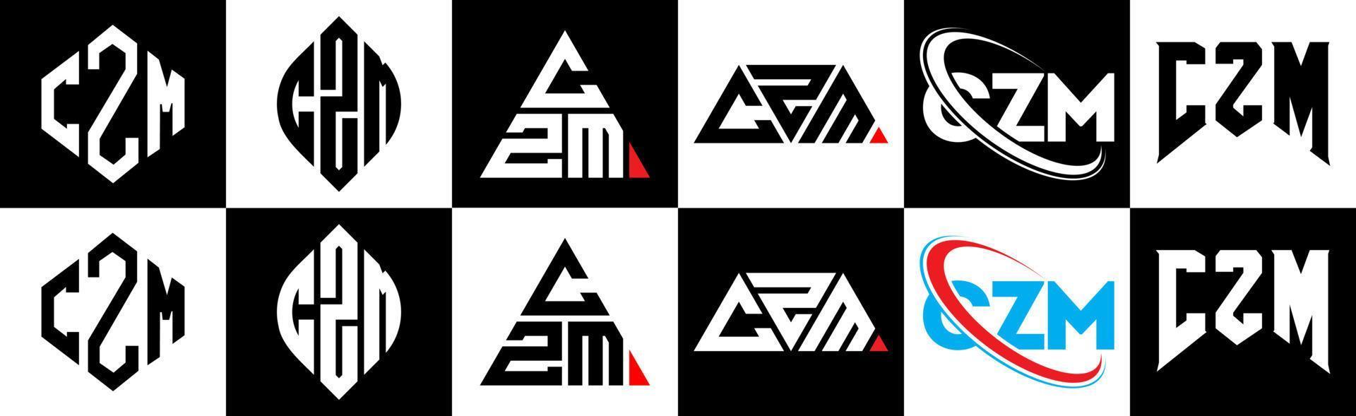 diseño de logotipo de letra czm en seis estilos. polígono czm, círculo, triángulo, hexágono, estilo plano y simple con logotipo de letra de variación de color blanco y negro en una mesa de trabajo. logotipo minimalista y clásico de czm vector