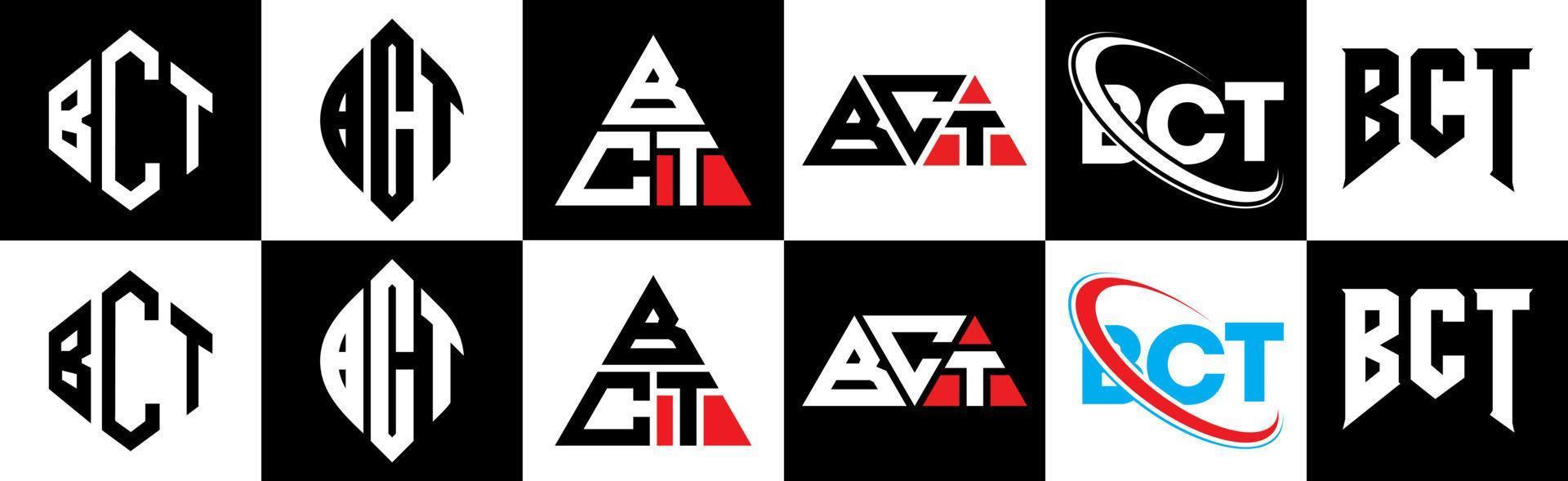 diseño de logotipo de letra bct en seis estilos. polígono bct, círculo, triángulo, hexágono, estilo plano y simple con logotipo de letra de variación de color blanco y negro en una mesa de trabajo. logotipo bct minimalista y clásico vector