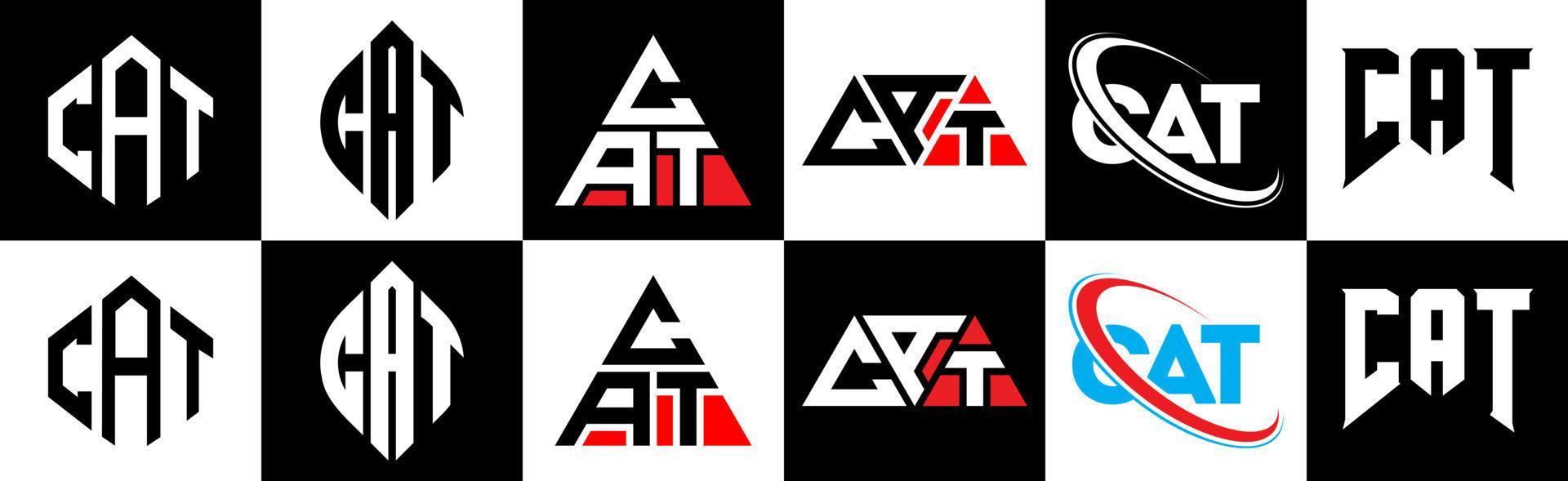 CAT letter logo design in six style. CAT polygon, circle, triangle, hexagon, flat and simple style with black and white color variation letter logo set in one artboard. CAT minimalist and classic logo vector