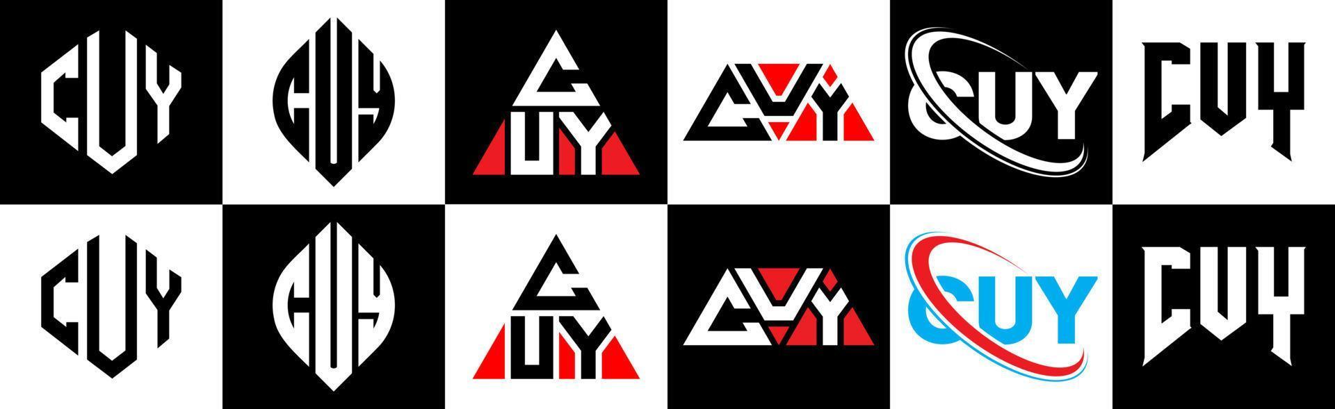 diseño de logotipo de letra cuy en seis estilos. polígono cuy, círculo, triángulo, hexágono, estilo plano y simple con logotipo de letra de variación de color blanco y negro en una mesa de trabajo. logo cuy minimalista y clasico vector