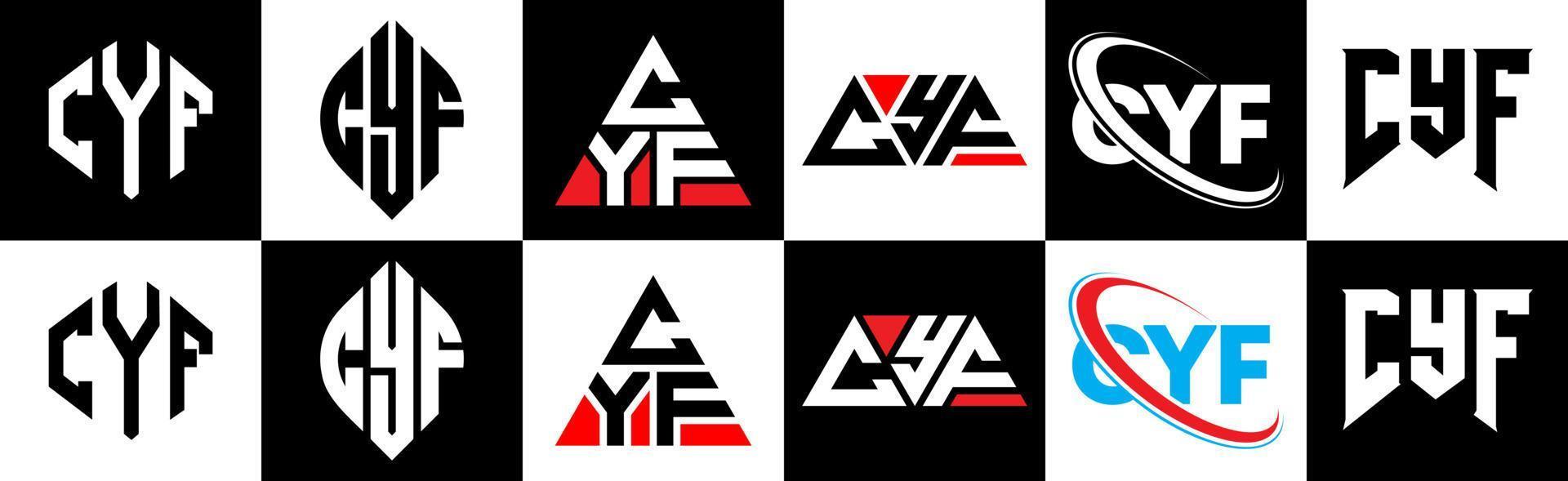 CYF letter logo design in six style. CYF polygon, circle, triangle, hexagon, flat and simple style with black and white color variation letter logo set in one artboard. CYF minimalist and classic logo vector