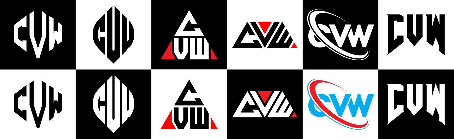 diseño de logotipo de letra cvw en seis estilos. cvw polígono, círculo, triángulo, hexágono, estilo plano y simple con logotipo de letra de variación de color blanco y negro en una mesa de trabajo. cvw logotipo minimalista y clásico vector