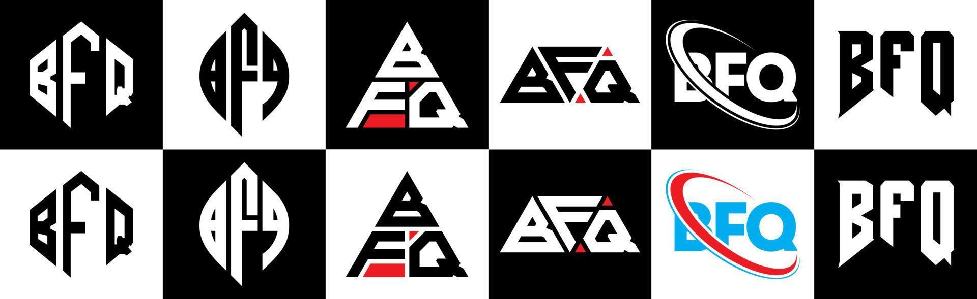 BFQ letter logo design in six style. BFQ polygon, circle, triangle, hexagon, flat and simple style with black and white color variation letter logo set in one artboard. BFQ minimalist and classic logo vector