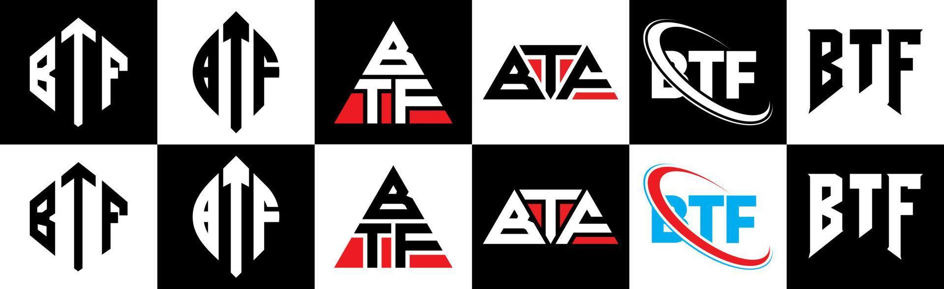 diseño de logotipo de letra btf en seis estilos. btf polígono, círculo, triángulo, hexágono, estilo plano y simple con logotipo de letra de variación de color blanco y negro en una mesa de trabajo. logotipo btf minimalista y clásico vector