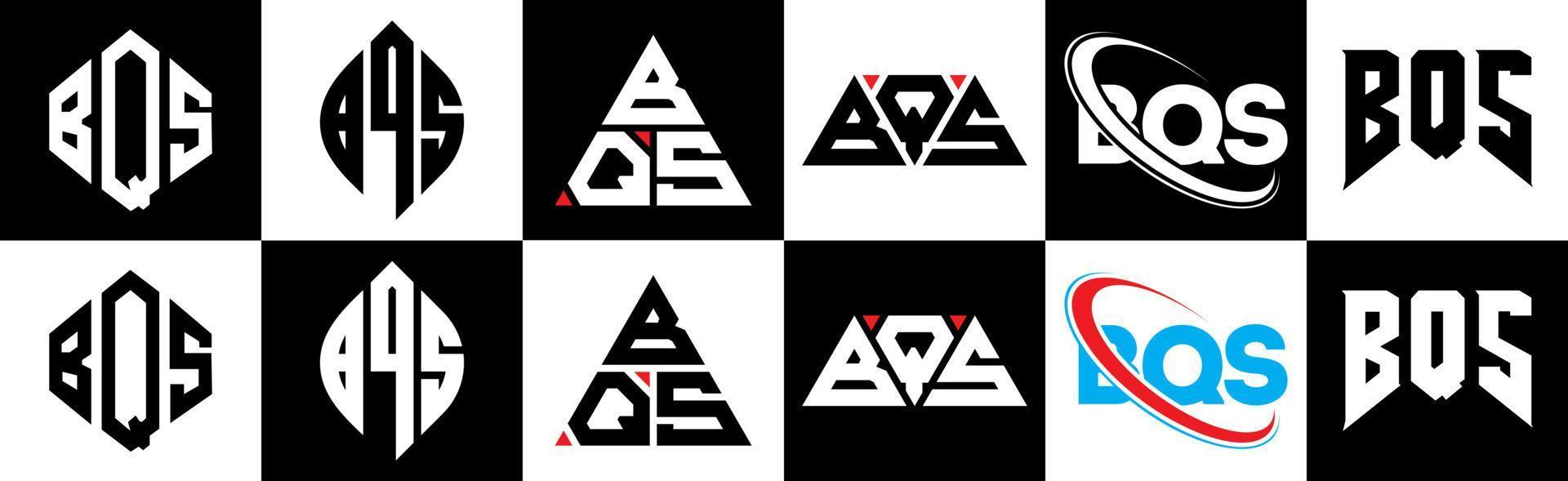 Diseño de logotipo de letra bqs en seis estilos. bqs polígono, círculo, triángulo, hexágono, estilo plano y simple con logotipo de letra de variación de color blanco y negro en una mesa de trabajo. bqs logo minimalista y clásico vector