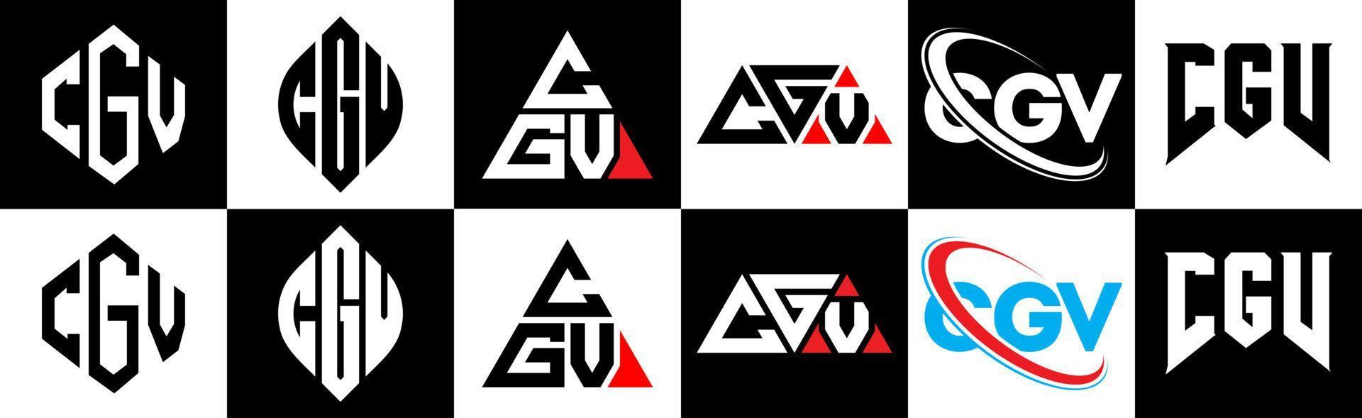 diseño de logotipo de letra cgv en seis estilos. polígono cgv, círculo, triángulo, hexágono, estilo plano y simple con logotipo de letra de variación de color blanco y negro en una mesa de trabajo. logo cgv minimalista y clásico vector